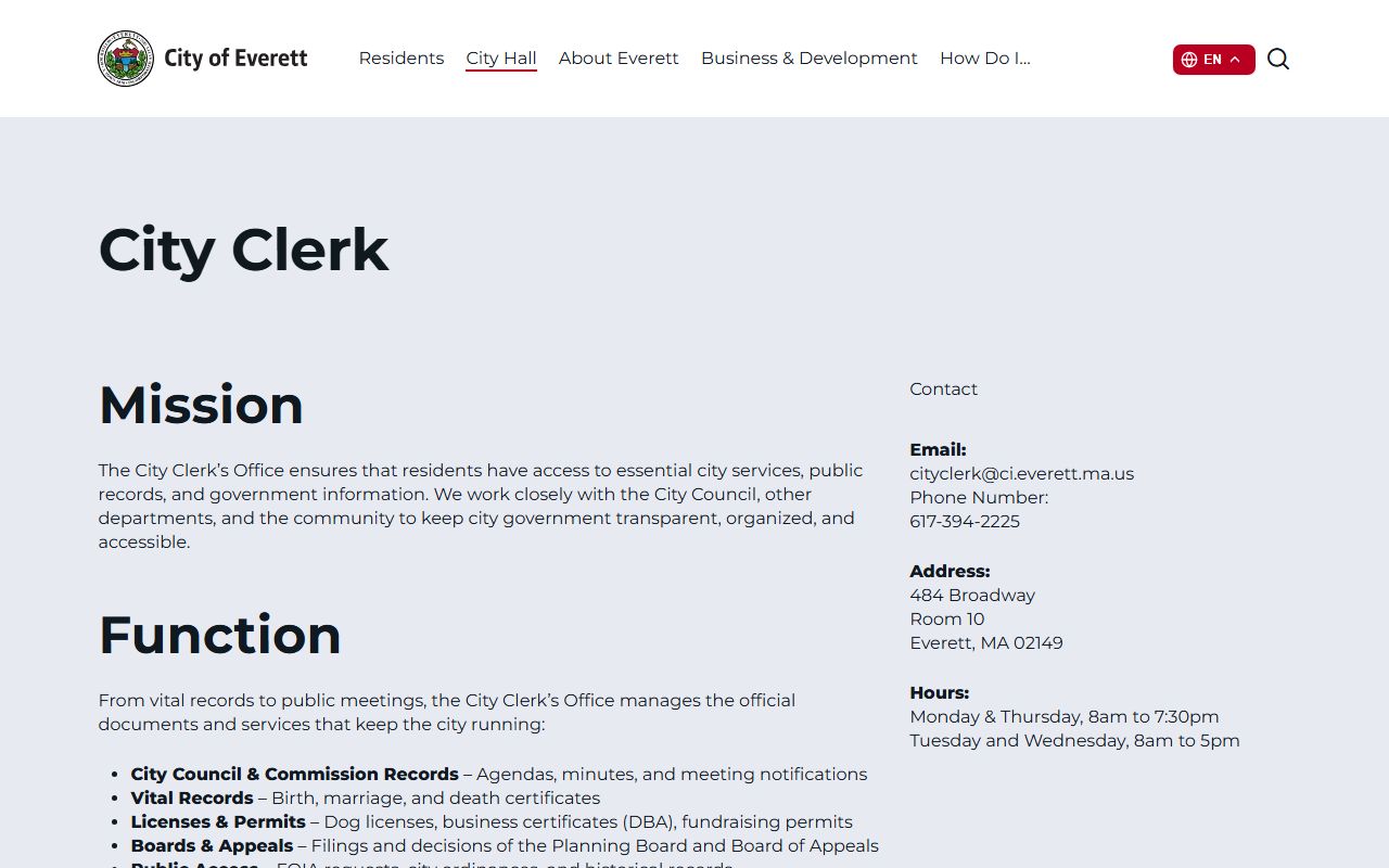 Everett City Clerk official page showing vital records and death certificate request information