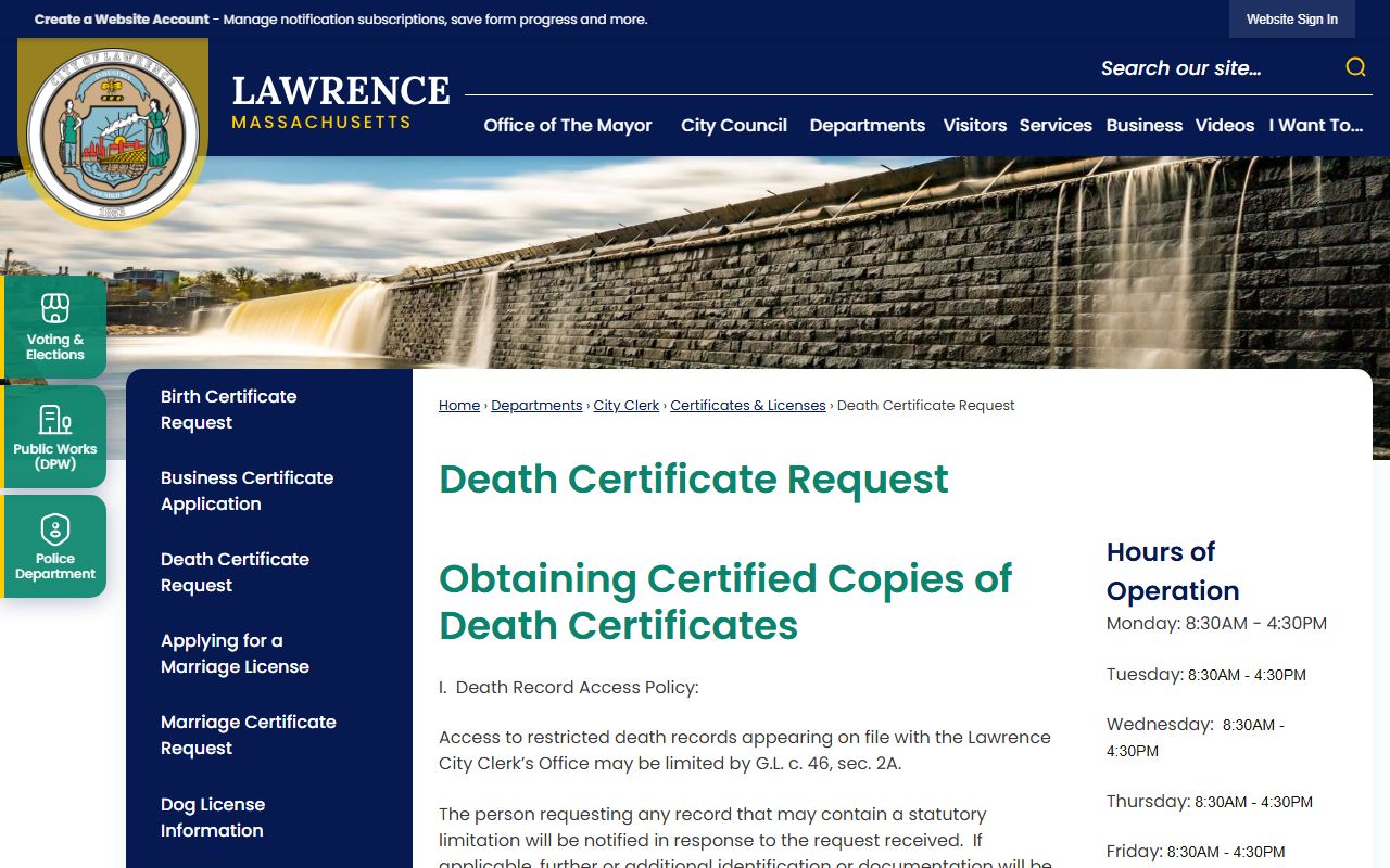 lawrence death index death certificate request page