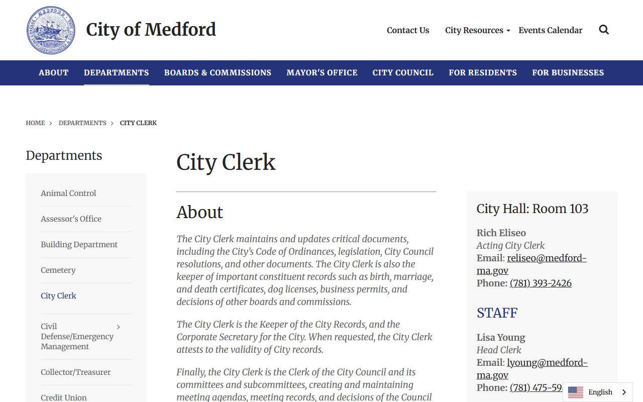 Medford City Clerk official page showing vital records and death certificate request information