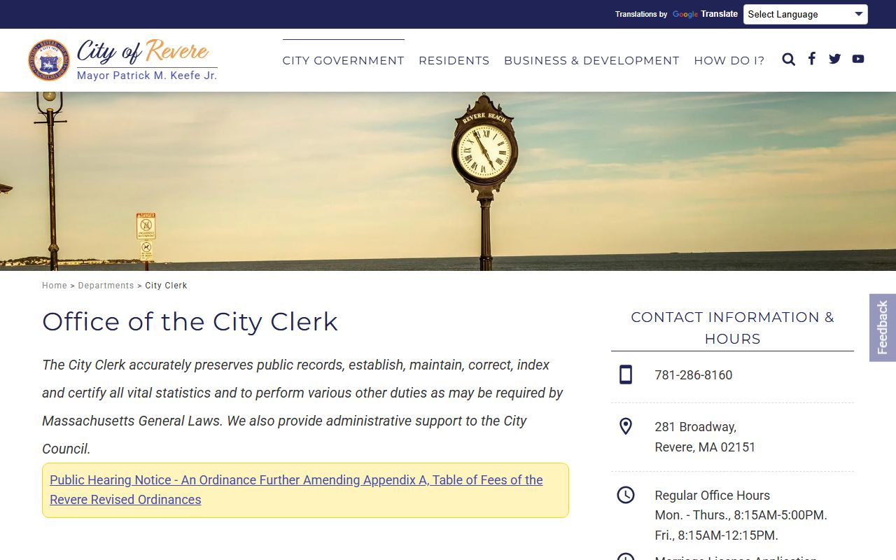 Revere City Clerk official page with vital records contact and request information