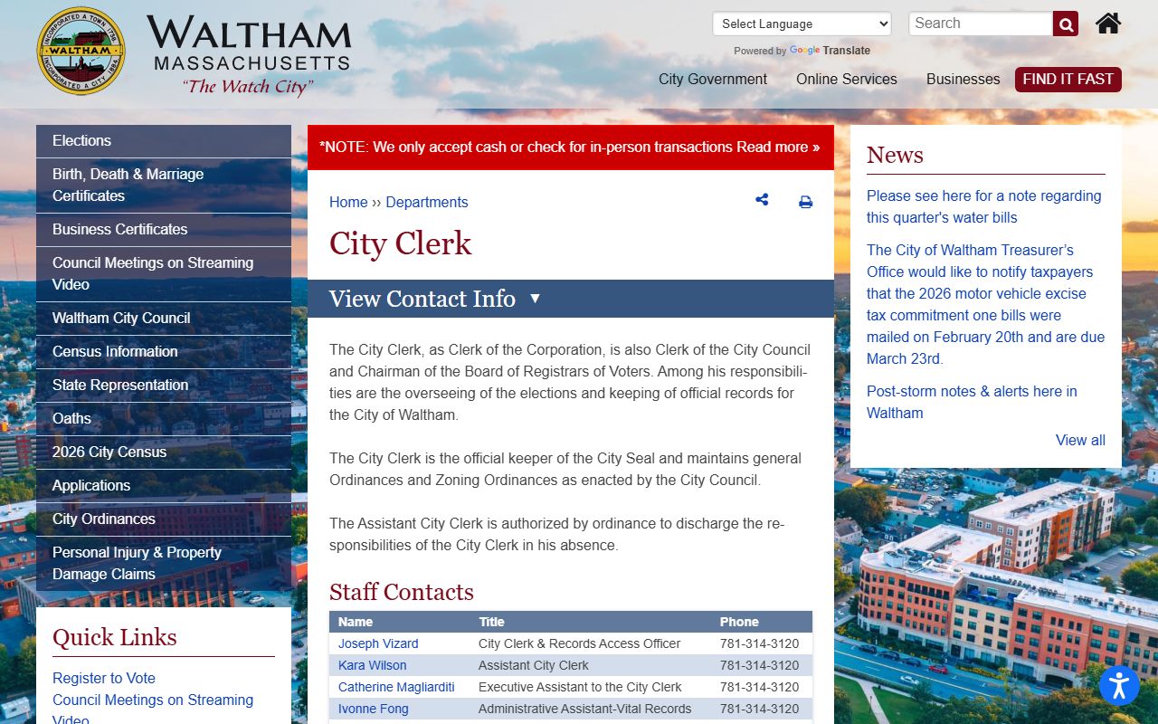 Waltham City Clerk official page showing vital records request information