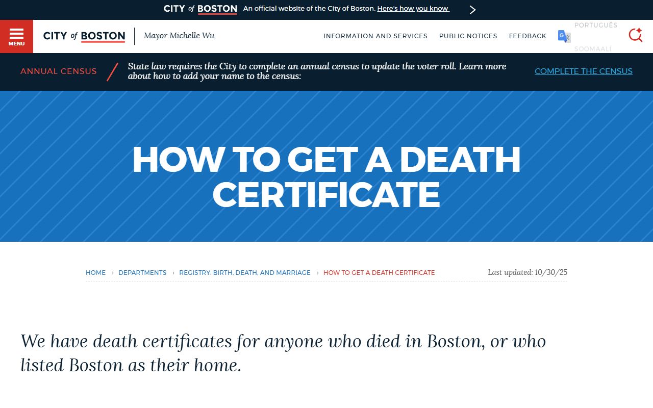 Boston Registry Division page for requesting death certificates from the Massachusetts Death Index