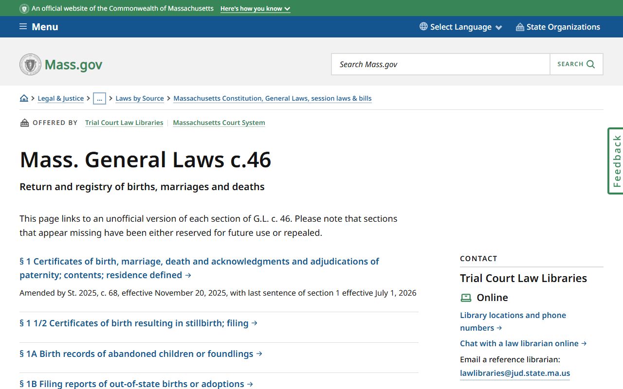 Massachusetts General Laws Chapter 46 governing death records registration and access