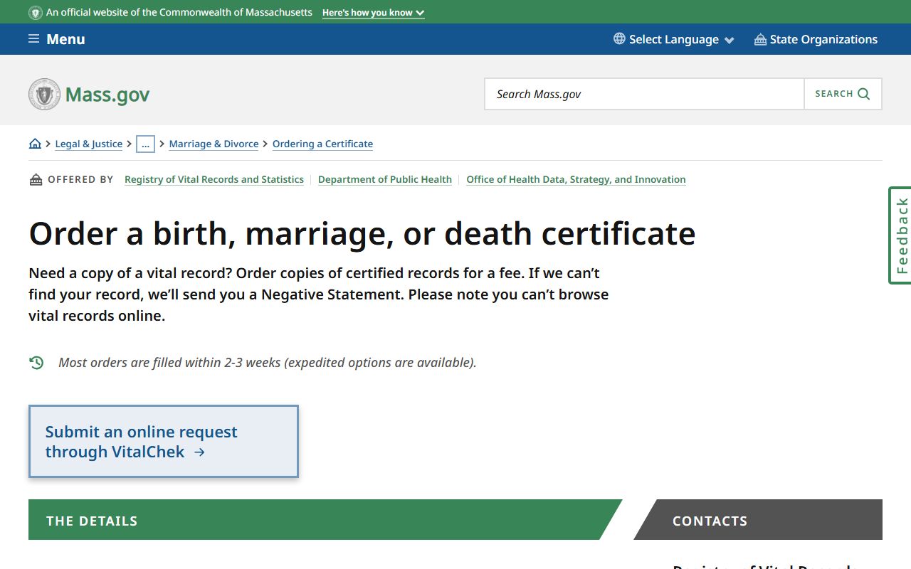 Massachusetts vital records ordering page for requesting death certificates
