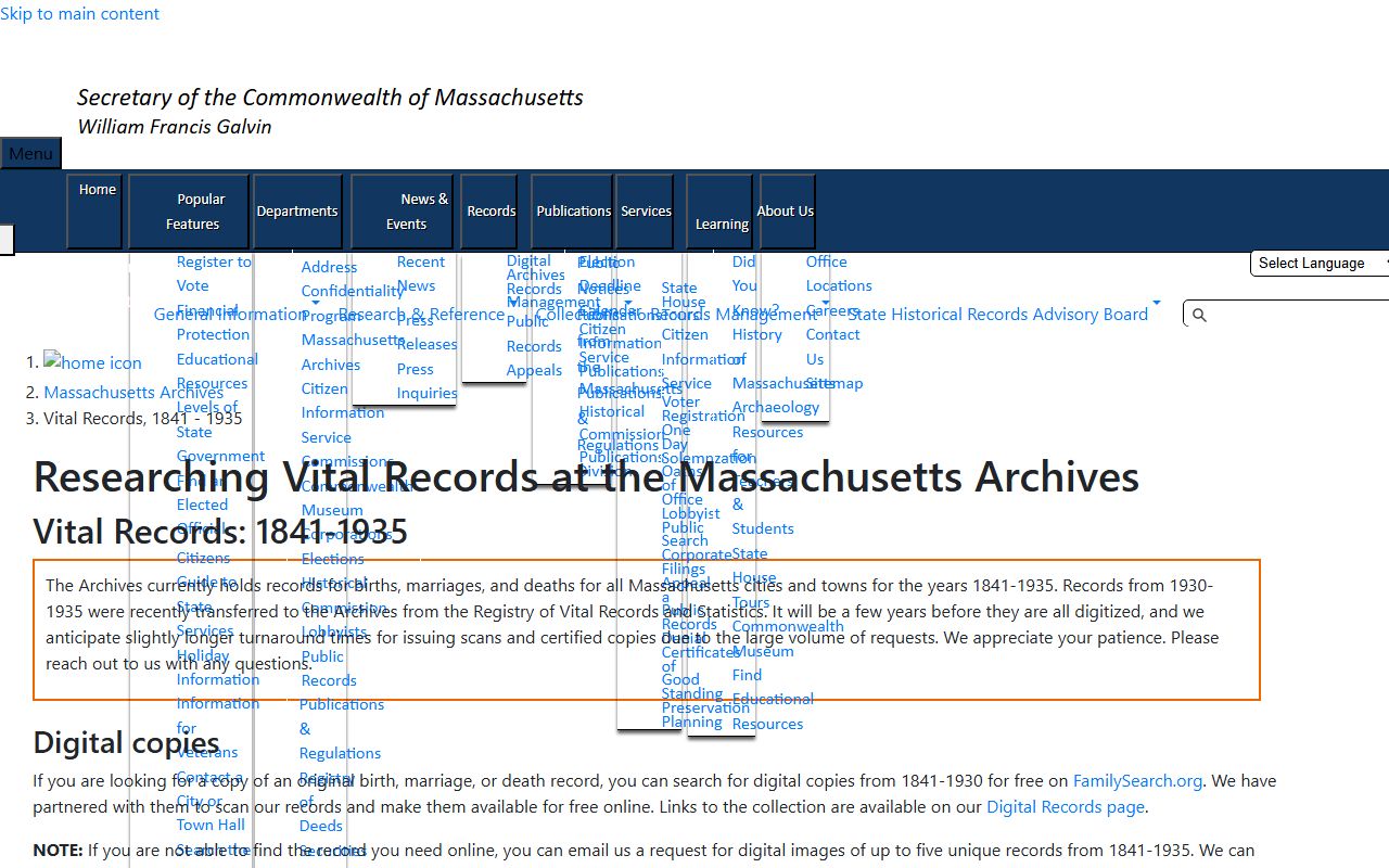Massachusetts State Archives vital records collection page for death index research